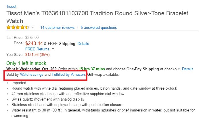 Sản phẩm được bán bởi seller Watchsavings và ship bởi Amazon